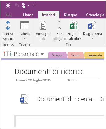 Screenshot che illustra come inserire un nuovo diagramma di Visio in OneNote 2016.