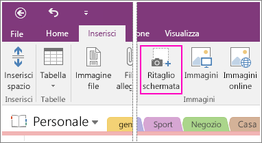 Screenshot del pulsante Inserisci ritaglio schermata in OneNote 2016.