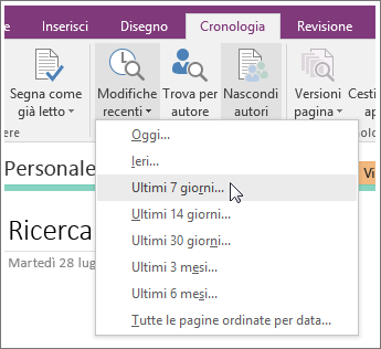 Screenshot del pulsante Modifiche recenti in OneNote 2016.