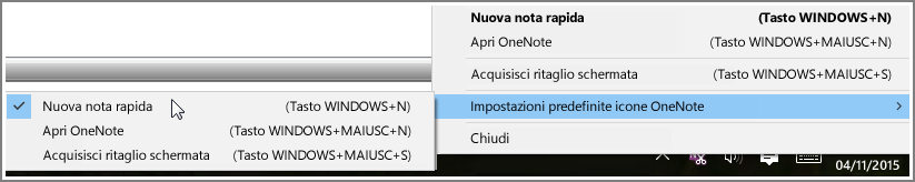 Screenshot dell'area di notifica con le opzioni di OneNote.