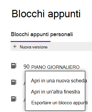 Menu che mostra come opzione Esporta blocco appunti in OneNote