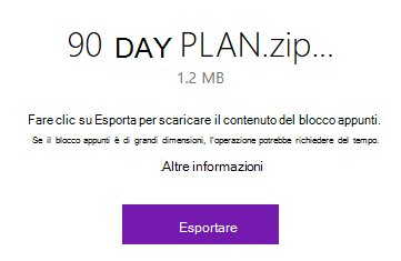 Popup in OneNote con un pulsante Esporta.
