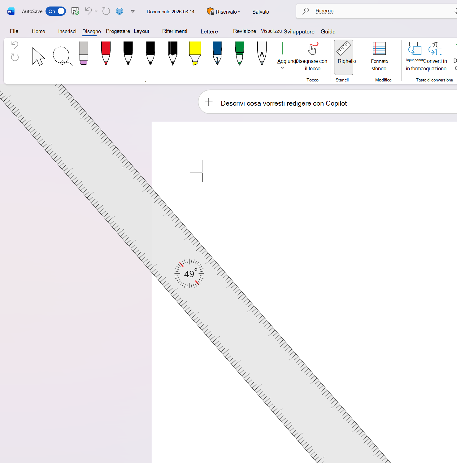 Screenshot del righello della scheda Disegno ruotato di 49 gradi in Word.