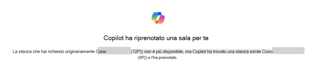 Esempio di conferma di Copilot che identifica la sala originale e quella sostitutiva.