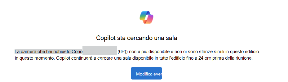 Esempio di Copilot che cerca una notifica di sala con un pulsante Modifica evento.