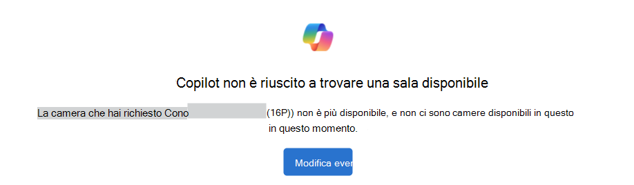 Esempio di Copilot in cui non è riuscito a trovare una notifica di sala disponibile con un pulsante Modifica evento.