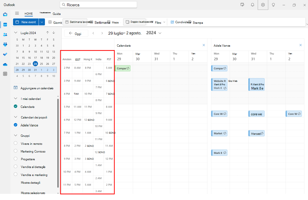 Screenshot che mostra l'aggiunta di più fuso orario nel calendario