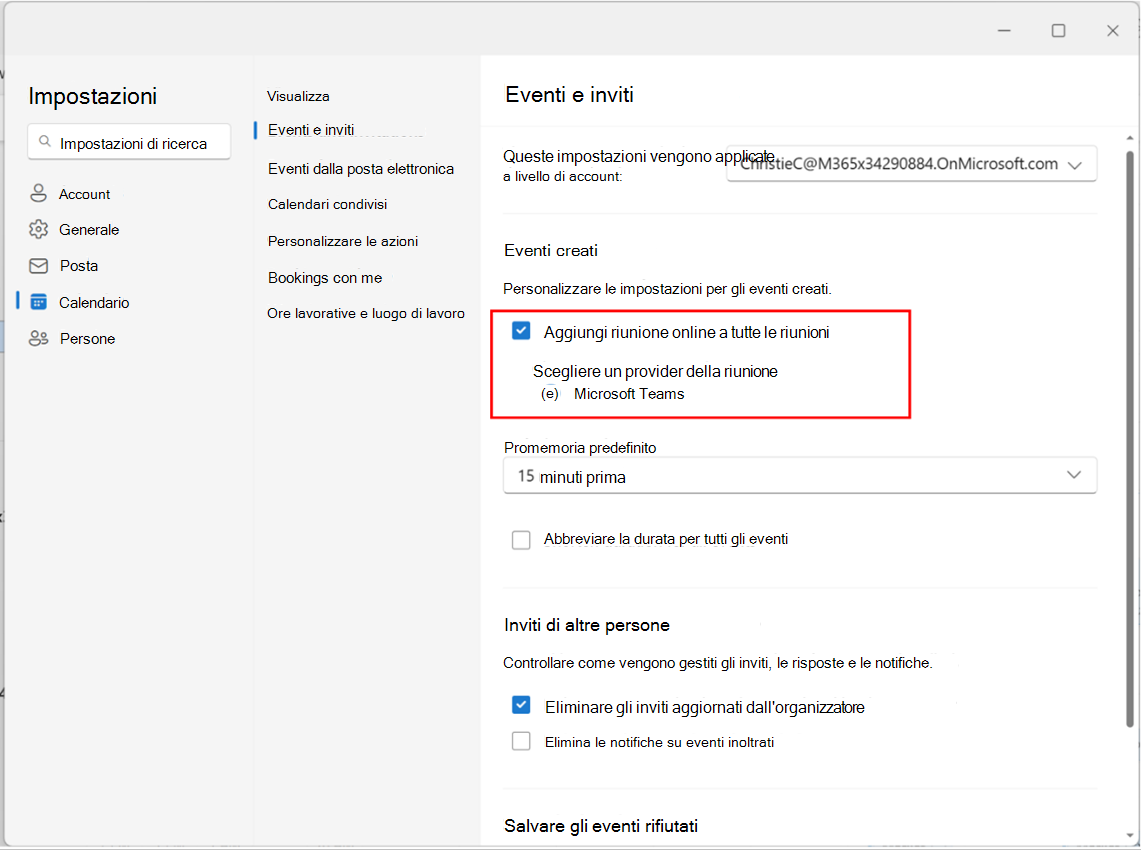 screenshot che mostra abilita o disabilita Aggiungi riunione online a tutte le riunioni