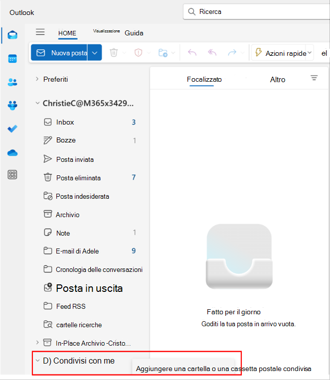 Screenshot di un popup in Outlook per l'aggiunta di una cartella o di una cassetta postale condivisa