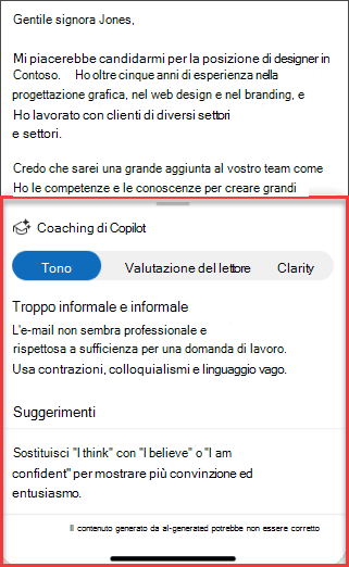 Suggerimenti copilot per tono, chiarezza e valutazione del lettore in Outlook per dispositivi mobili
