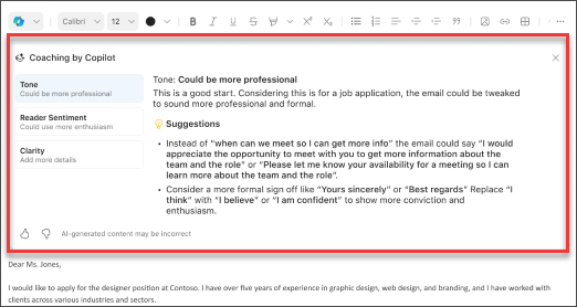 Suggerimenti di Copilot per tono, chiarezza e valutazione del lettore in Outlook per dispositivi mobili