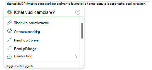Parte del testo in un messaggio di posta elettronica selezionato e il menu Copilot espanso per visualizzare le opzioni per le operazioni che è possibile eseguire con il testo.