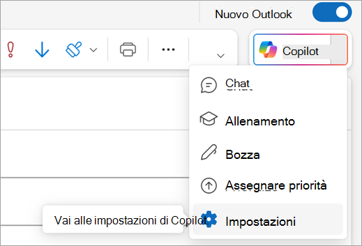 Mostra l'opzione Impostazioni nel menu Copilot in alto a destra in Outlook.