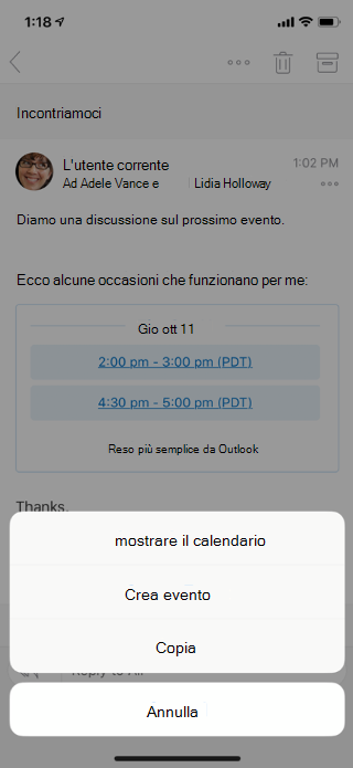 Mostra un messaggio e-mail sullo schermo di un dispositivo mobile. Nella parte inferiore sono disponibili opzioni di menu: Mostra Calendar, Crea evento, Copia e Annulla.