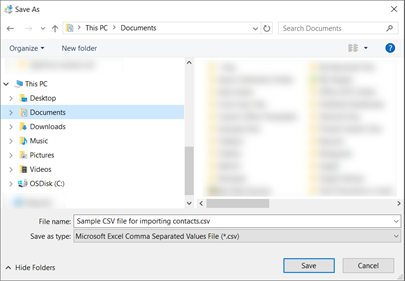 Dopo aver scaricato il file CSV di esempio, salvarlo nel computer in formato CSV.