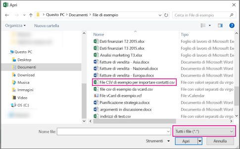 Per trovare i file CSV, impostare la ricerca su Tutti i file.
