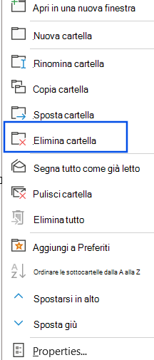 Screenshot dell'opzione Elimina cartella selezionata nel riquadro di spostamento.