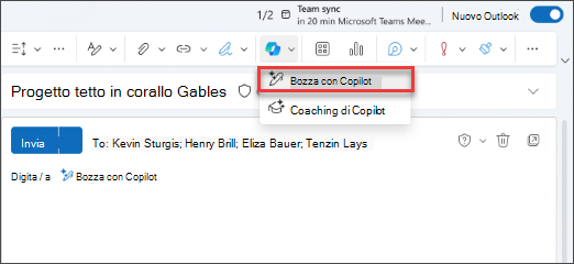 Opzione del menu a discesa Bozza con Copilot in Nuovo Outlook