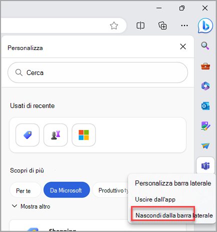Nascondere un'icona nella barra laterale di Microsoft Edge.
