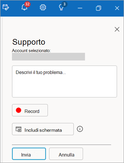 Screenshot del riquadro contatta il supporto tecnico che mostra l'area per fornire una descrizione del problema
