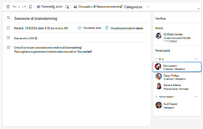 L'immagine mostra un riquadro di verifica delle riunioni in cui è possibile visualizzare tutte le risposte per ogni invitato insieme alle nuove informazioni aggiuntive sulla partecipazione di ogni partecipante a una persona o virtualmente.