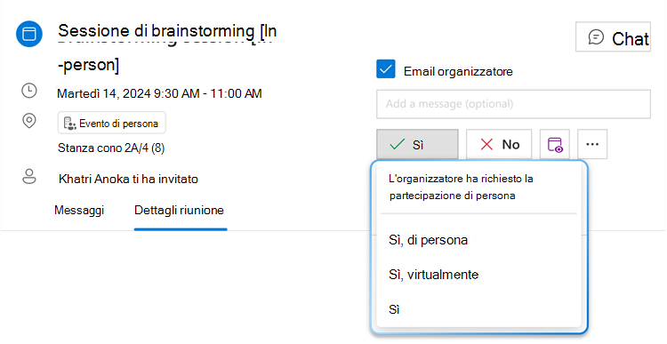 L'immagine mostra il pulsante del menu conferma di partecipazione ibrida per Sì con l'elenco a discesa espanso, in cui è possibile visualizzare tre diverse opzioni: Sì, di persona, Sì, virtualmente e Sì.