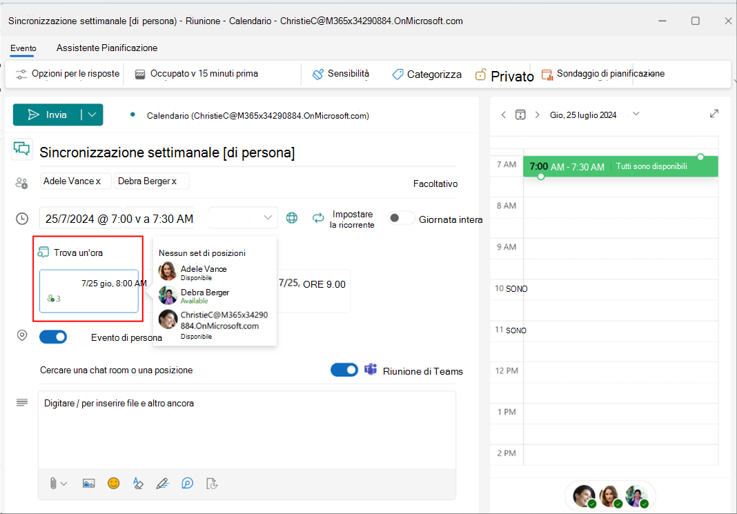 Screenshot che mostra l'interruttore evento di persona attivato nel nuovo Outlook