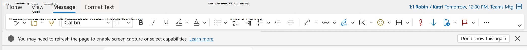 Barra informazioni per Outlook per Web quando l'acquisizione dello schermo è funzionalità non è presente