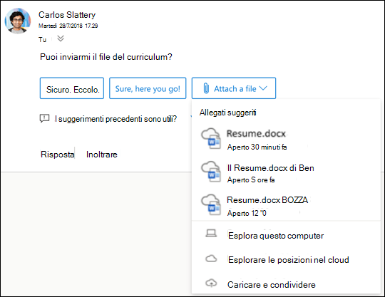 Allegare i file suggeriti in Outlook.