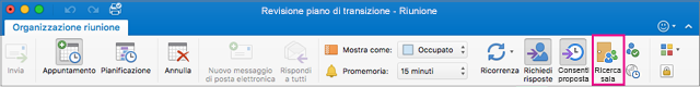 Barra multifunzione di Outlook con il pulsante Ricerca sala evidenziato