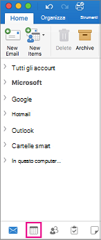 Selezionare il pulsante del calendario nella parte inferiore dell'elenco delle cartelle in Outlook