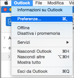 Menu Outlook con l'opzione Preferenze evidenziata