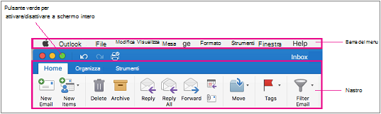 Barra dei menu in Outlook 2016 per Mac