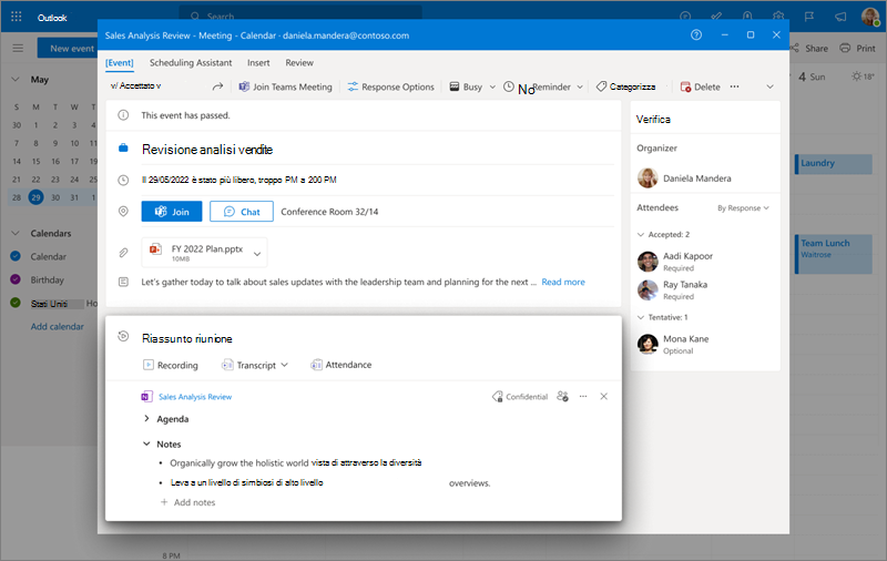 Immagine che mostra il riepilogo della riunione nel calendario di Outlook