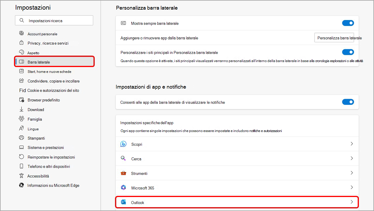 Personalizza la barra laterale di Microsoft Edge dalla pagina delle impostazioni della barra laterale.