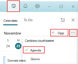 Impostare il riquadro La mia giornata su Oggi e la visualizzazione Agenda