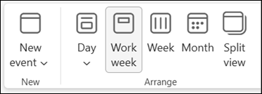 Screenshot della barra multifunzione nel nuovo Outlook con le selezioni per cambiare la visualizzazione del calendario