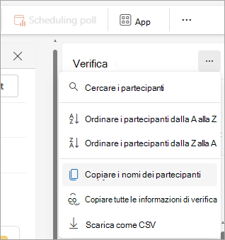 Screenshot del riquadro Rilevamento modifiche nel nuovo Outlook che mostra le opzioni a discesa per copiare l'elenco dei partecipanti