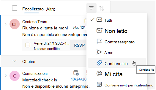 Selezionare contiene file per trovare tutti i messaggi con allegati.