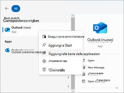 Screenshot che mostra Outlook in Start con Aggiungi alla barra delle applicazioni