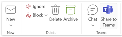 Screenshot che mostra Condividi in Teams sulla barra multifunzione di Outlook