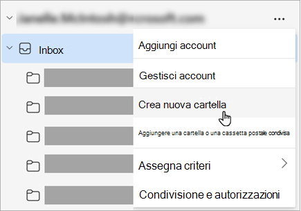 Screenshot dell'opzione Crea nuova cartella selezionata nel menu Altre opzioni del riquadro delle cartelle