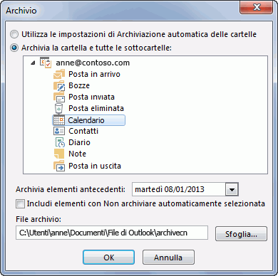 Finestra di dialogo Archivio