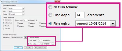 Opzione per modificare la data di fine di una riunione ricorrente