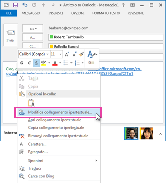 selezione di Modifica collegamento ipertestuale dal menu di scelta rapida