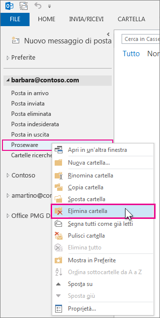 Eliminazione di una cartella dal riquadro delle cartelle