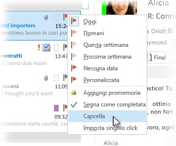 Comando Cancella nel menu di scelta rapida nell'elenco dei messaggi