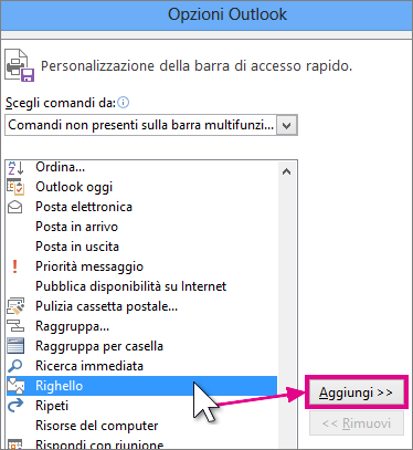Selezione dell'icona Righello da aggiungere alla barra di accesso rapido