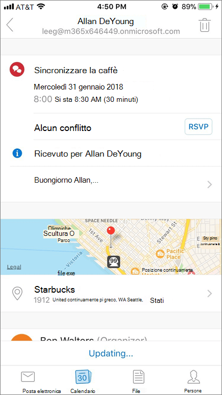 Screenshot di schermata di dispositivo mobile con elemento invito a calendario.