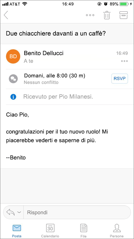 Screenshot di schermata di dispositivo mobile con elemento di posta elettronica.